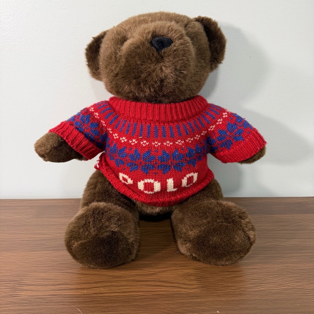 Polo by Ralph Lauren Brown Bear Plush in Red & Blue Knit Sweater